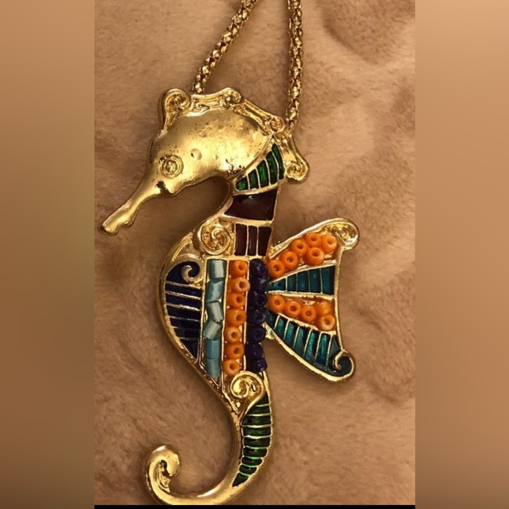 Boutique seahorse Necklace Gold with vibrant coral, turquoise, green colors 💍